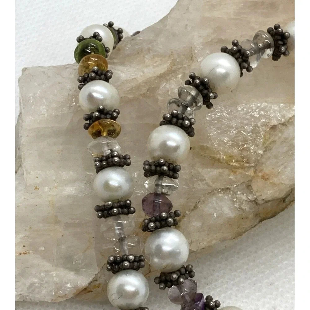 Vintage Pearl Amethyst Peridot Citrine‎ 20'' Necklace Sterling 925 Silver 42.2g
